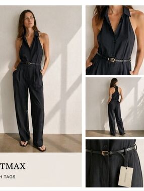 Sportsmax Max Mara Black Halter Silk Belted Jumpsuit size 14 New Event Guest